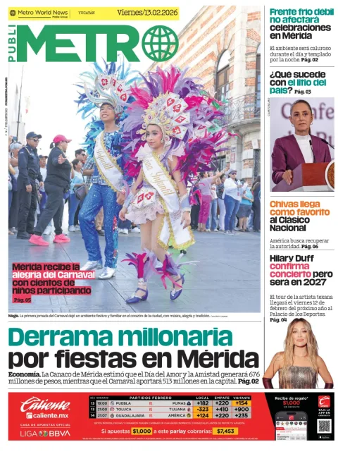 Portada de Publimetro Merida del viernes, 13 de febrero de 2026