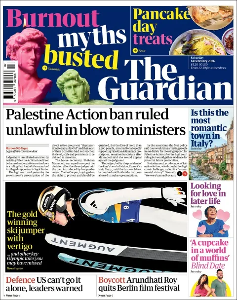 Portada de The Guardian (reino Unido) del sábado, 14 de febrero de 2026