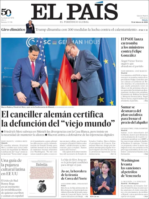 Portada de El Pais del sábado, 14 de febrero de 2026