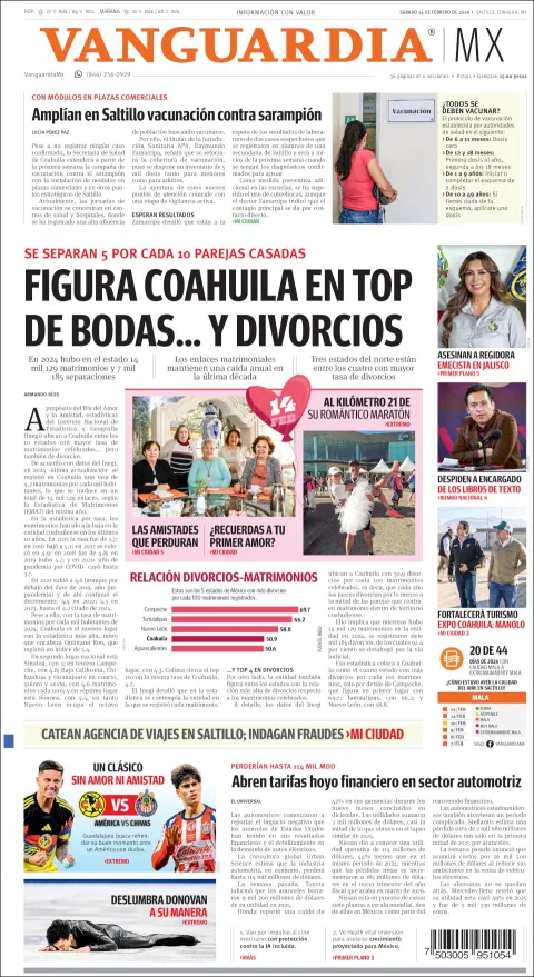 Portada de Vanguardia del sábado, 14 de febrero de 2026