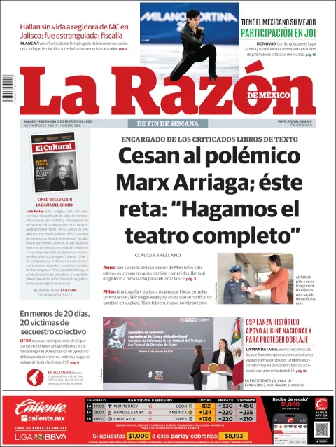 Portada de La Razon del sábado, 14 de febrero de 2026