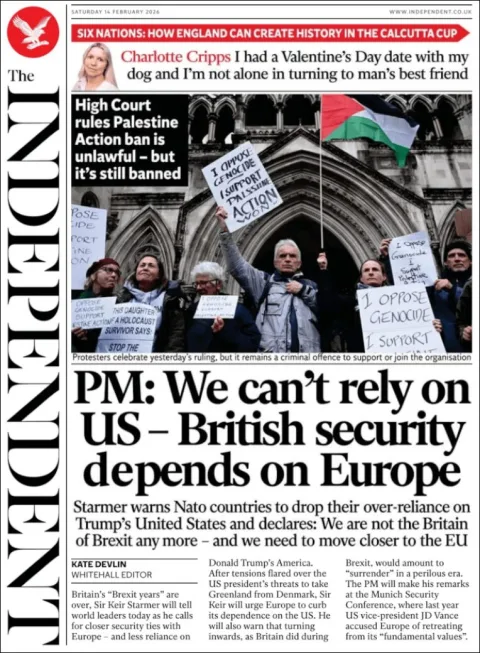Portada de The Independent del sábado, 14 de febrero de 2026