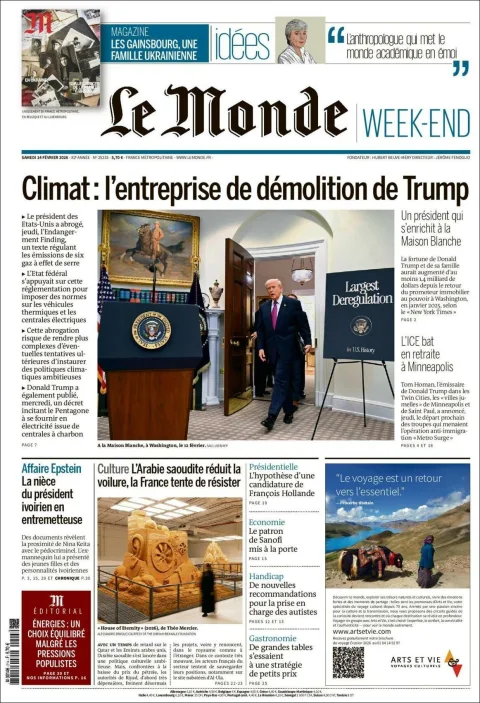 Portada de Le Monde del sábado, 14 de febrero de 2026