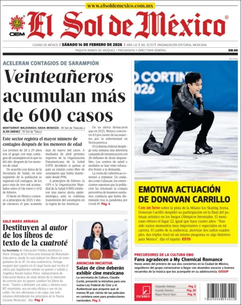 Portada de El Sol de Mexico del sábado, 14 de febrero de 2026