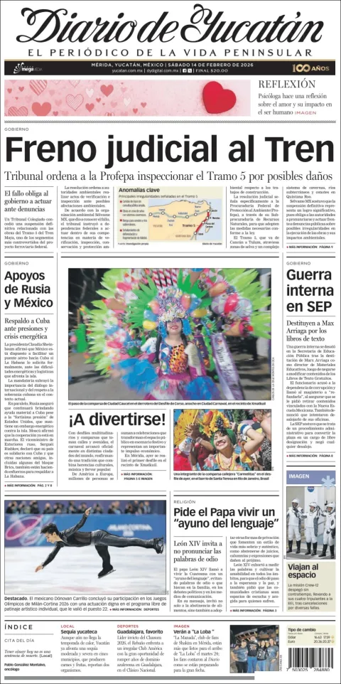 Portada de Diario de Yucatán del sábado, 14 de febrero de 2026