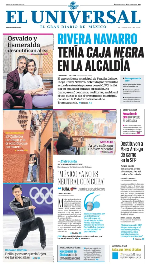 Portada de El Universal del sábado, 14 de febrero de 2026