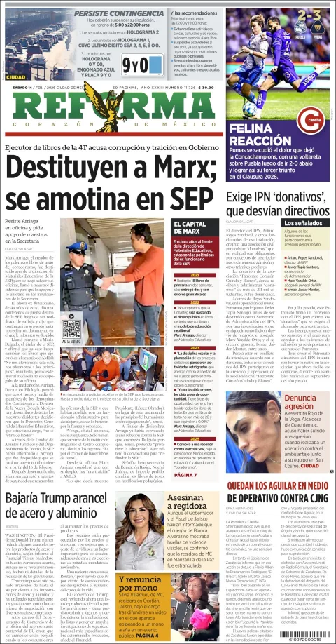 Portada de Reforma del sábado, 14 de febrero de 2026