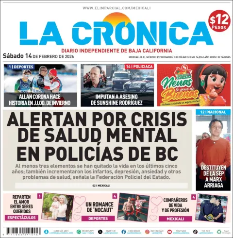 Portada de La Cronica del sábado, 14 de febrero de 2026