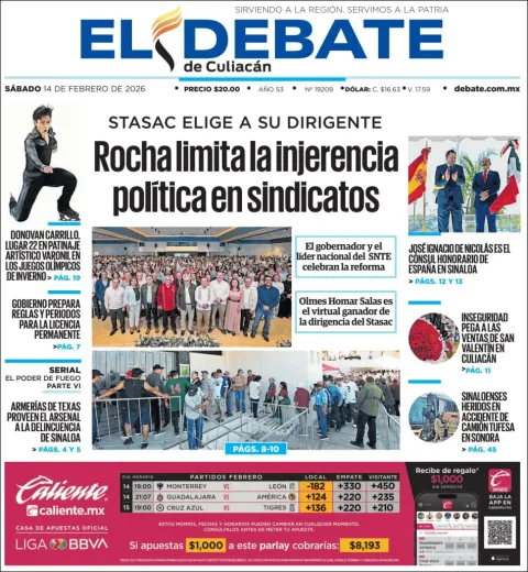 Portada de El Debate de Culiacan del sábado, 14 de febrero de 2026