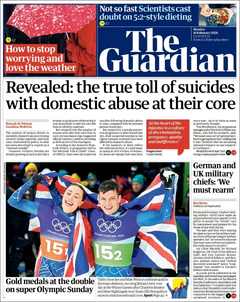 Portada de The Guardian (reino Unido) del lunes, 16 de febrero de 2026