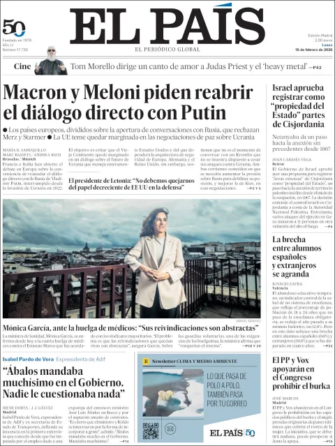 Portada de El Pais del lunes, 16 de febrero de 2026