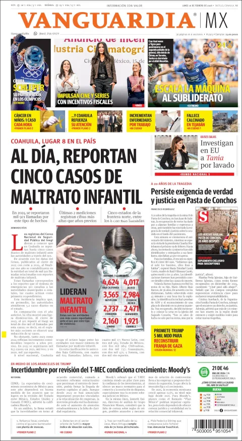 Portada de Vanguardia del lunes, 16 de febrero de 2026