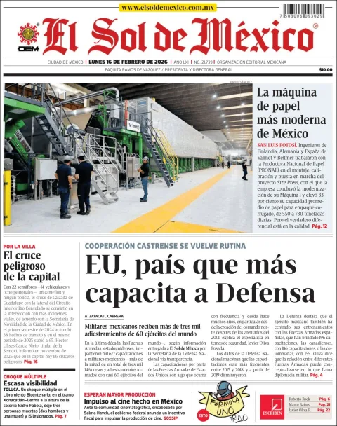 Portada de El Sol de Mexico del lunes, 16 de febrero de 2026