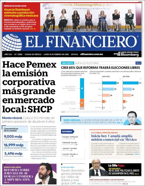 Portada de El Financiero del lunes, 16 de febrero de 2026