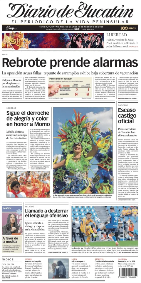 Portada de Diario de Yucatán del lunes, 16 de febrero de 2026