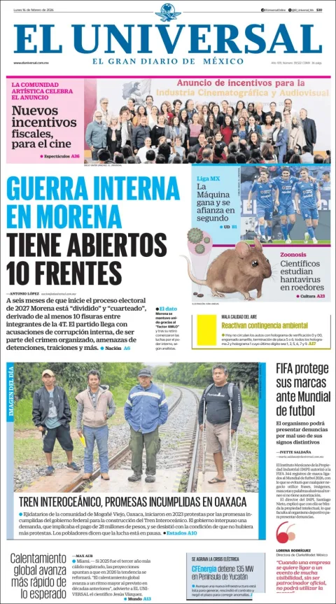 Portada de El Universal del lunes, 16 de febrero de 2026