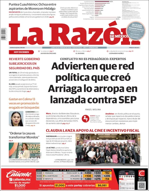 Portada de La Razon del lunes, 16 de febrero de 2026