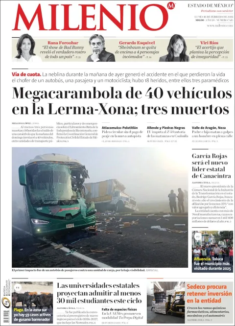 Portada de Milenio Edo de Mexico del lunes, 16 de febrero de 2026