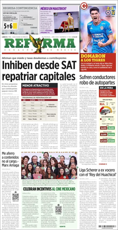 Portada de Reforma del lunes, 16 de febrero de 2026