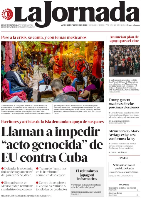 Portada de La Jornada del lunes, 16 de febrero de 2026