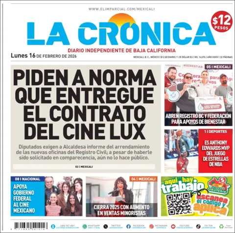Portada de La Cronica del lunes, 16 de febrero de 2026