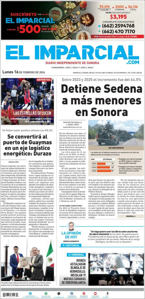 Portada de El Imparcial del lunes, 16 de febrero de 2026