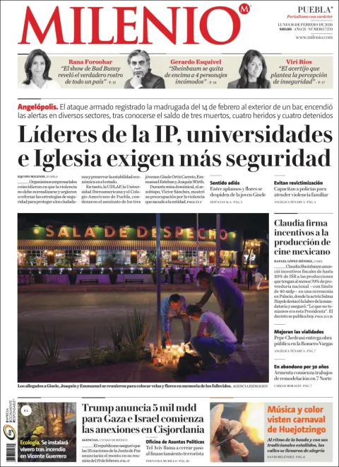 Portada de Milenio Puebla del lunes, 16 de febrero de 2026