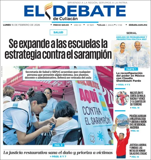 Portada de El Debate de Culiacan del lunes, 16 de febrero de 2026