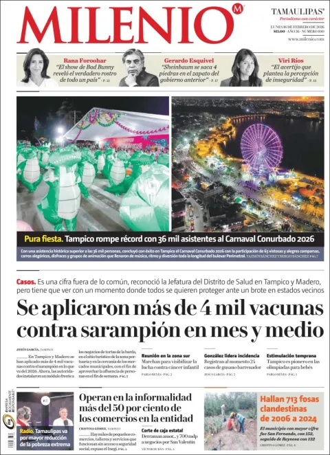 Portada de Milenio Tamaulipas del lunes, 16 de febrero de 2026