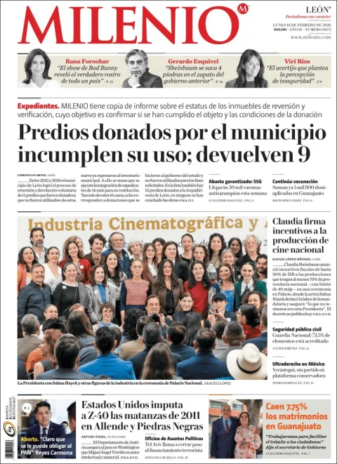 Portada de Milenio Leon del lunes, 16 de febrero de 2026