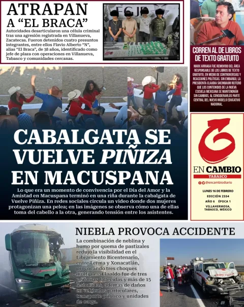 Portada de En Cambio - Tabasco (portada) del lunes, 16 de febrero de 2026
