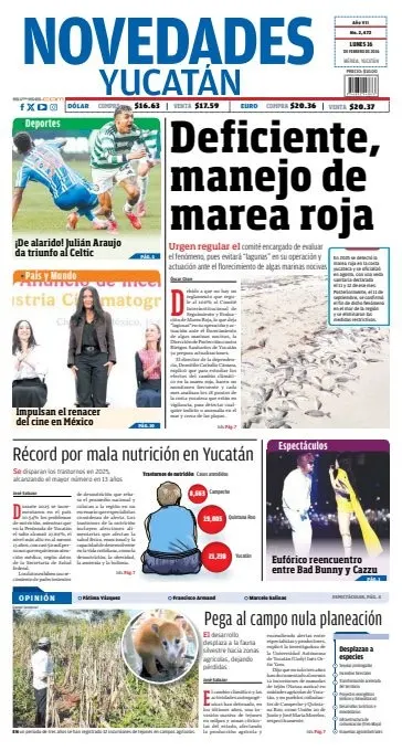 Portada de Novedades Yucatan del lunes, 16 de febrero de 2026