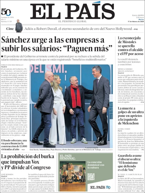 Portada de El Pais del martes, 17 de febrero de 2026
