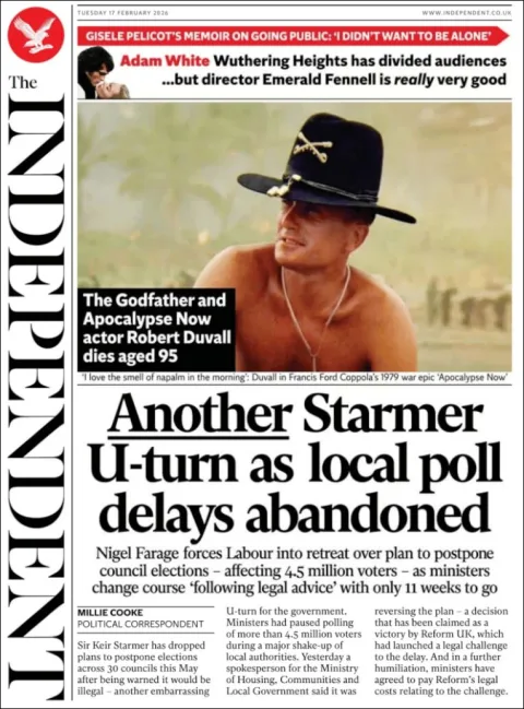 Portada de The Independent del martes, 17 de febrero de 2026