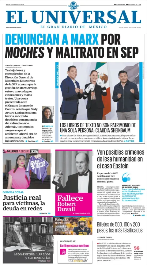 Portada de El Universal del martes, 17 de febrero de 2026