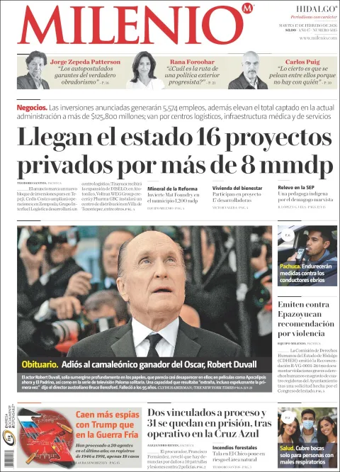 Portada de Milenio Hidalgo del martes, 17 de febrero de 2026