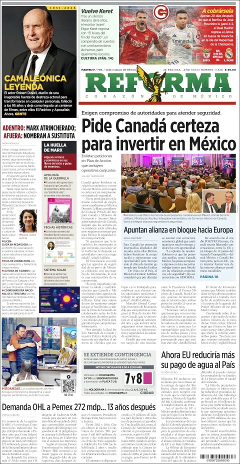 Portada de Reforma del martes, 17 de febrero de 2026