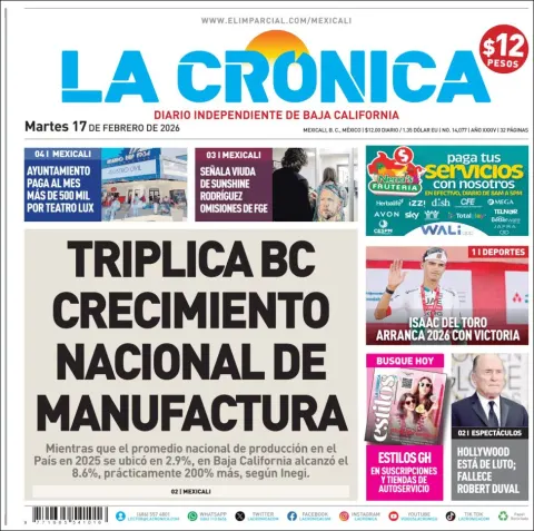 Portada de La Cronica del martes, 17 de febrero de 2026