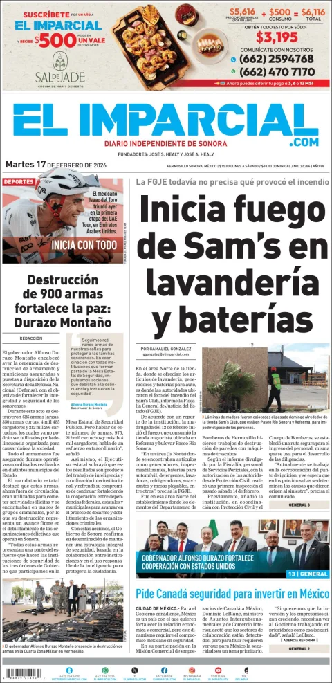 Portada de El Imparcial del martes, 17 de febrero de 2026