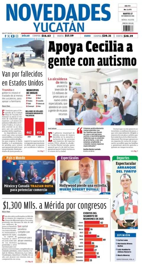 Portada de Novedades Yucatan del martes, 17 de febrero de 2026