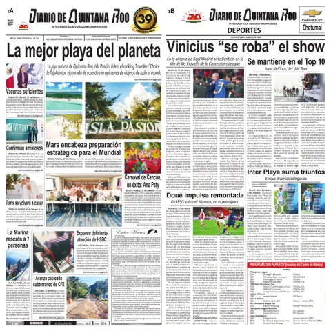 Portada de Diario de Quintana Roo (portada) del viernes, 20 de febrero de 2026