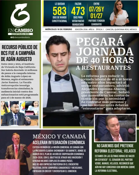 Portada de En Cambio - Quintana Roo (contraportada) del miércoles, 18 de febrero de 2026