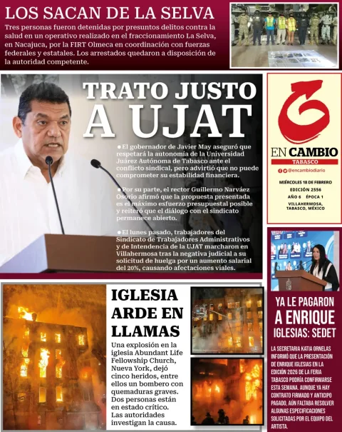 Portada de En Cambio - Tabasco (portada) del miércoles, 18 de febrero de 2026