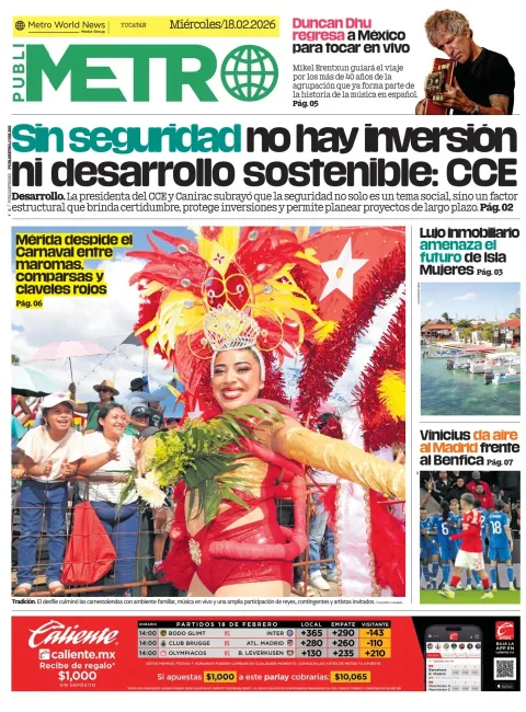 Portada de Publimetro Merida del miércoles, 18 de febrero de 2026