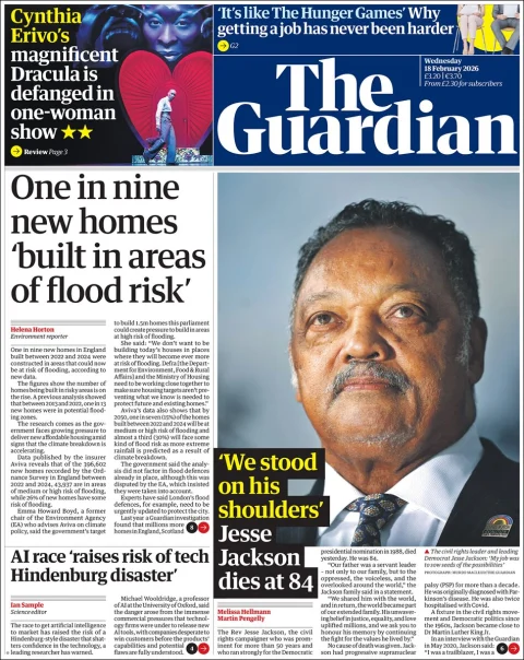 Portada de The Guardian (reino Unido) del miércoles, 18 de febrero de 2026