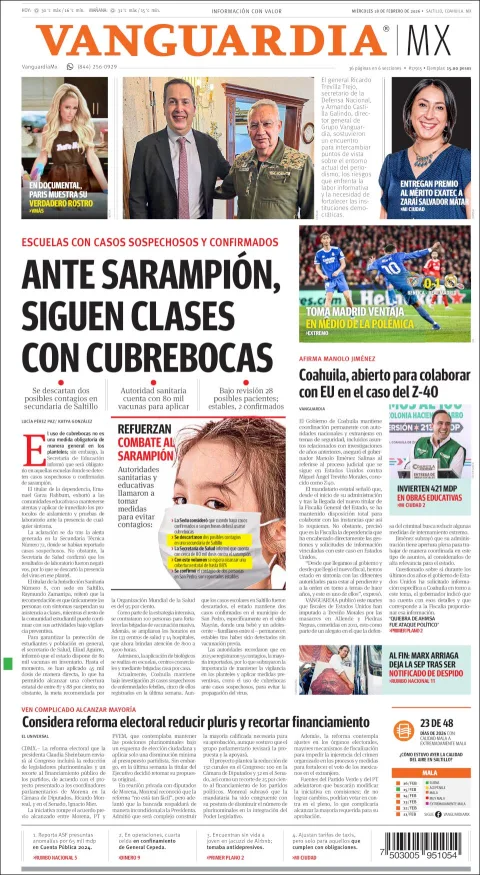 Portada de Vanguardia del miércoles, 18 de febrero de 2026