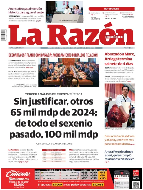 Portada de La Razon del miércoles, 18 de febrero de 2026