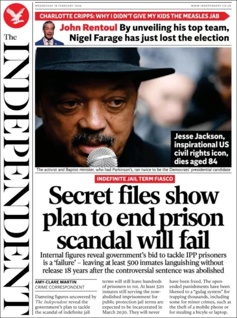 Portada de The Independent del miércoles, 18 de febrero de 2026