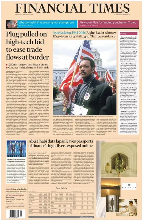 Portada de Financial Times del miércoles, 18 de febrero de 2026