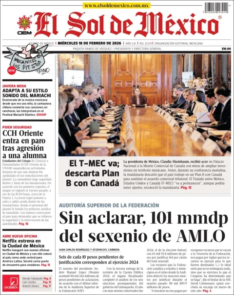 Portada de El Sol de Mexico del miércoles, 18 de febrero de 2026